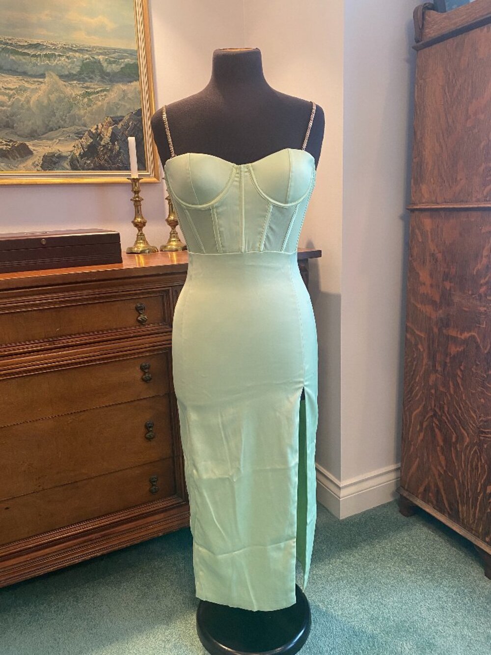 Meshki Sage Satin Corset Midi Dress with Chain Straps